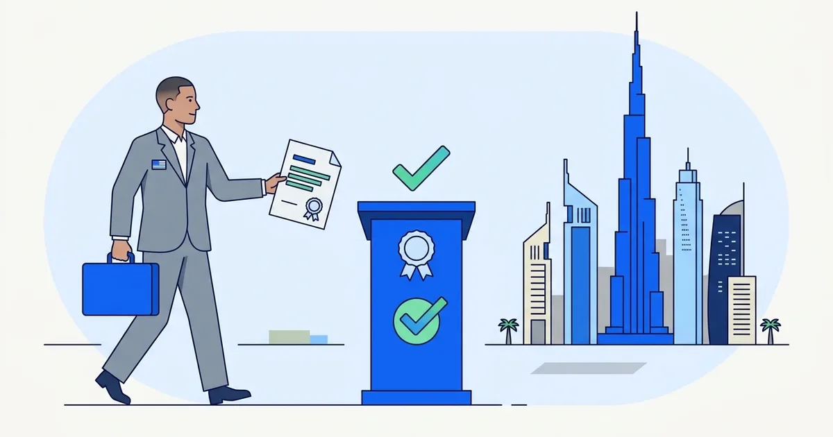 Illustration of an American professional with a briefcase handing over certificates at a checkpoint, with the Dubai skyline and the Burj Khalifa behind