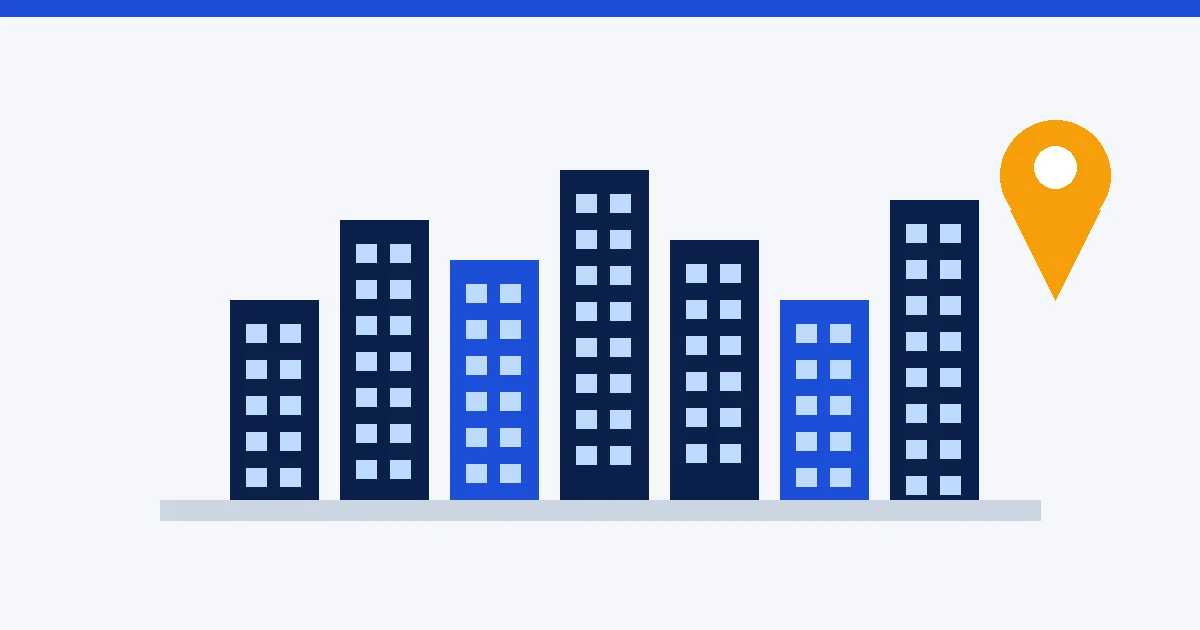 Illustration of a city skyline of office towers with an amber location pin
