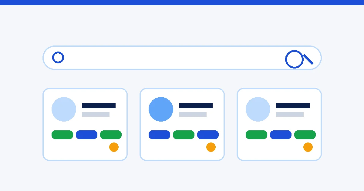 Illustration of a search bar above three candidate profile cards with skill tags