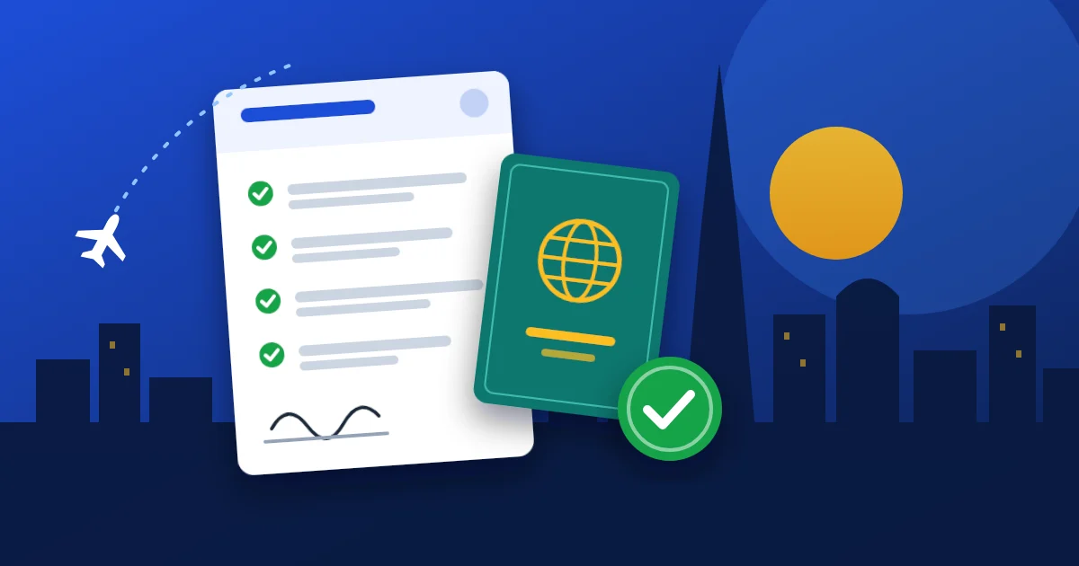Illustration of a signed job offer checklist, a passport and a green approval badge in front of the Dubai skyline