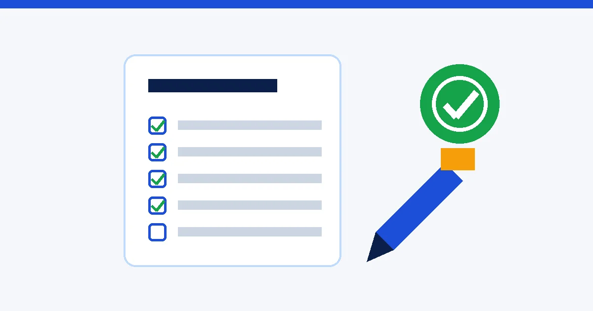 Illustration of a checklist with four ticked boxes, a pen and a green approval badge