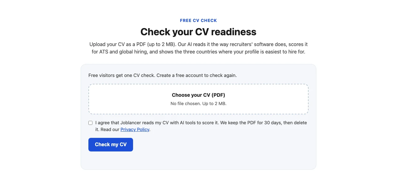 The Check your CV readiness section on the home page. It has a dashed box to choose a PDF, a consent box and a Check my CV button, under the heading Check your CV readiness.