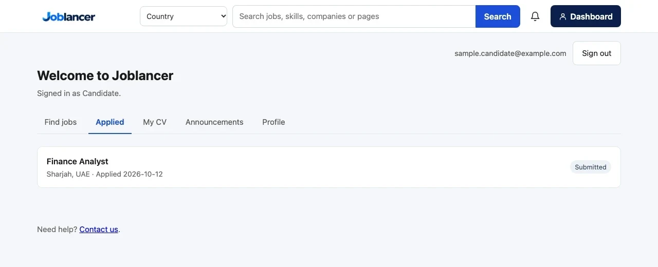 The Applied tab. One row shows the job title Finance Analyst, the location Sharjah, UAE, the date applied and a Submitted status.
