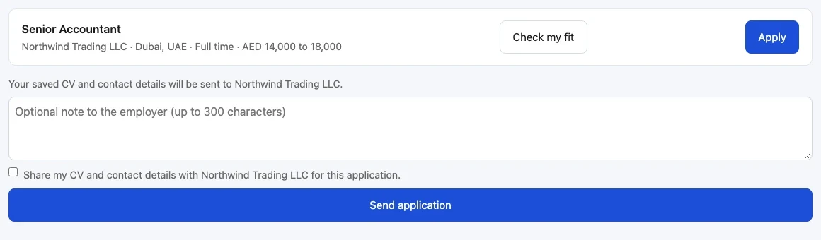 The apply panel under a job. It says your saved CV and contact details will be sent to the company, with a note box, a tick box to share your CV and the blue button Send application.