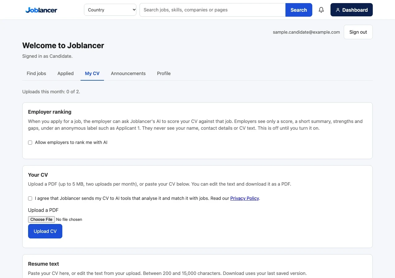 The My CV tab. It shows the employer ranking switch, the consent box, the PDF upload button and the resume text box with the buttons Save changes, Download PDF and Delete my resume.