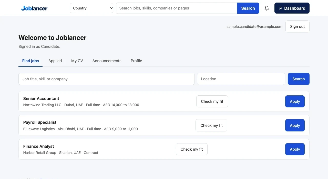 The Find jobs tab in the dashboard. Two search boxes sit above three job cards. Each card has the job title, company, location, salary and two buttons, Check my fit and Apply.