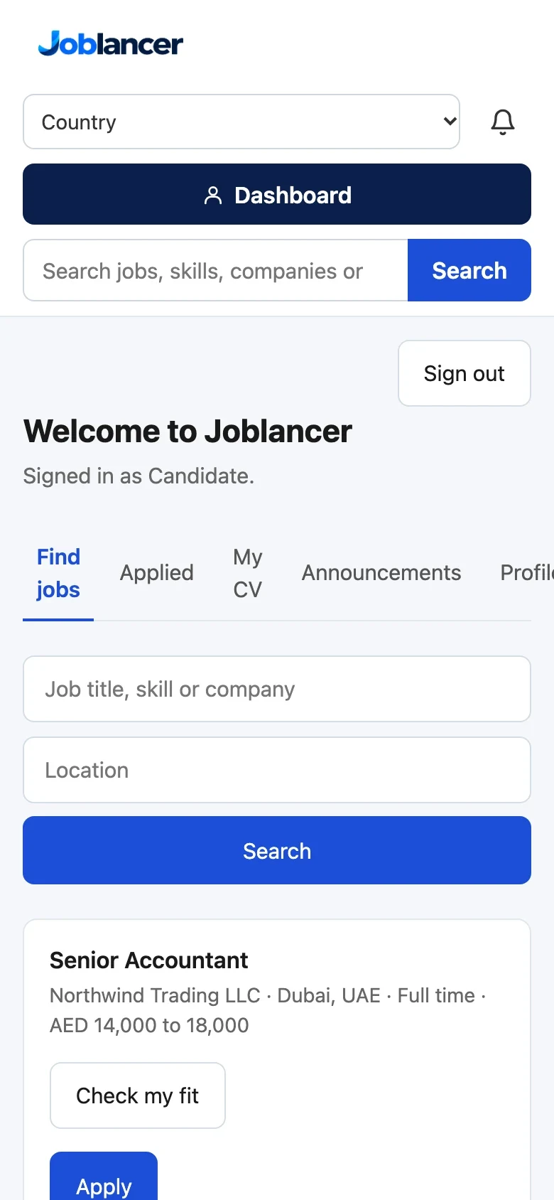 The Find jobs tab on a phone. The search boxes stack on top of the job cards, and each card has Check my fit above Apply.