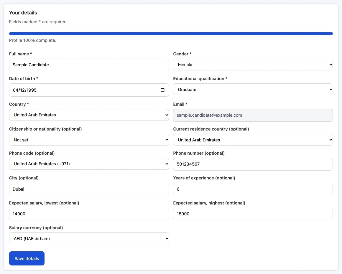 The Your details form in the Profile tab. The progress bar shows 100 percent complete. Fields include full name, date of birth, country, city, years of experience and expected salary.