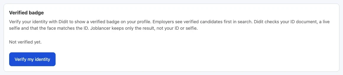 The Verified badge box in the Profile tab. It explains that Didit checks your ID, a live selfie and the face match, shows Not verified yet, and has a Verify my identity button.