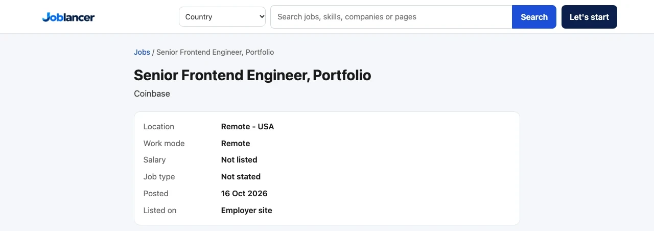 The top of a job page. It shows the breadcrumb, the job title, the company name and the facts box with Location, Work mode, Salary, Job type, Posted and Listed on Employer site.