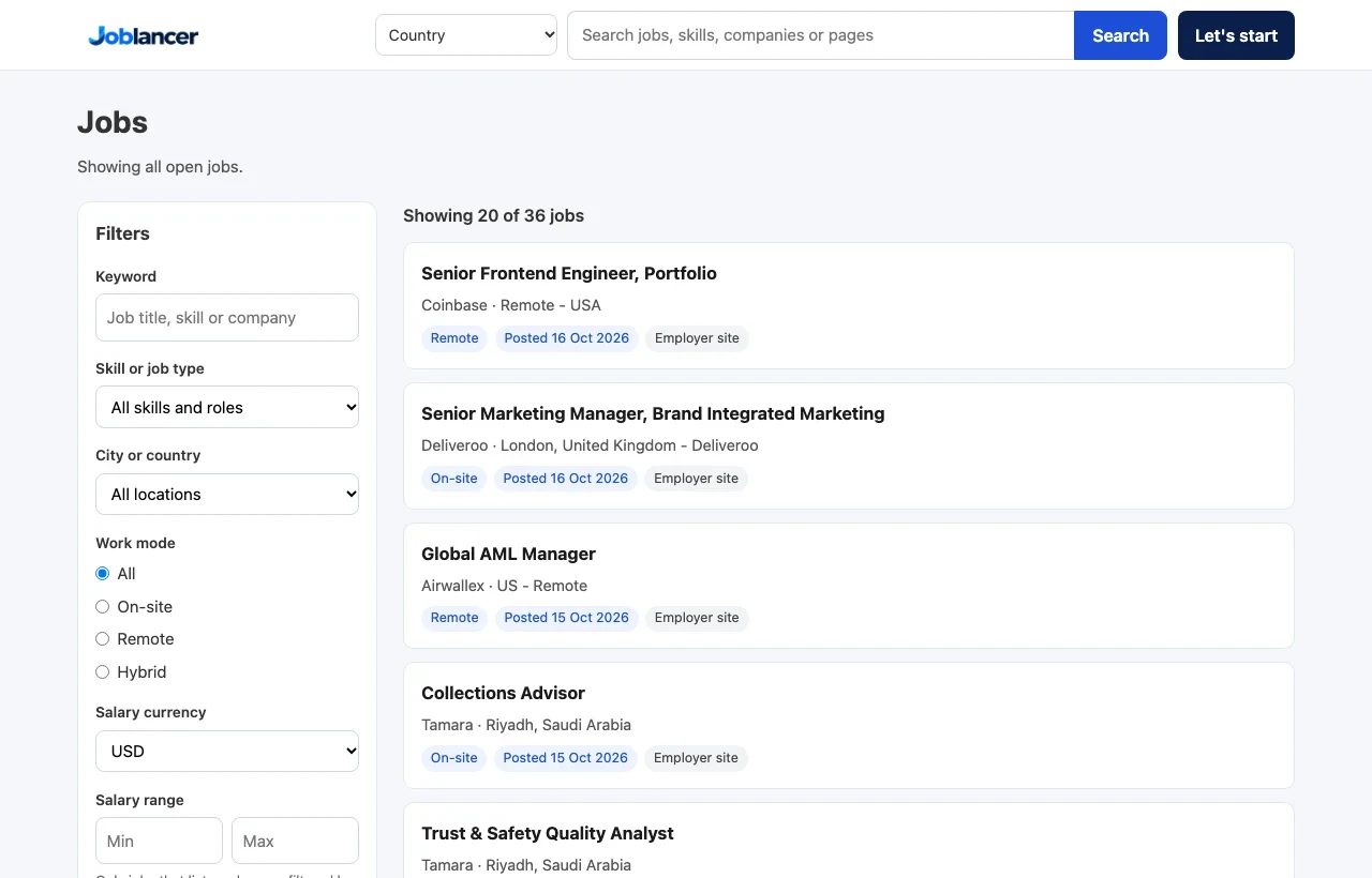 The public Jobs page on a computer. A list of open jobs with a filter column on the left. Each job shows the title, company, location and tags such as Remote, Posted date and Employer site.