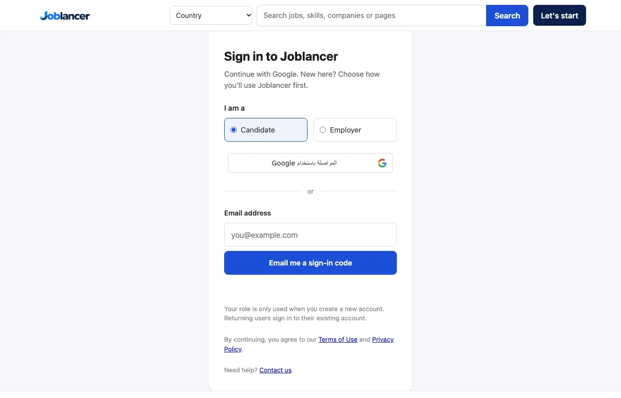 The Joblancer sign-in page on a computer. Candidate is selected, with a Google button above an email box and the blue button Email me a sign-in code.